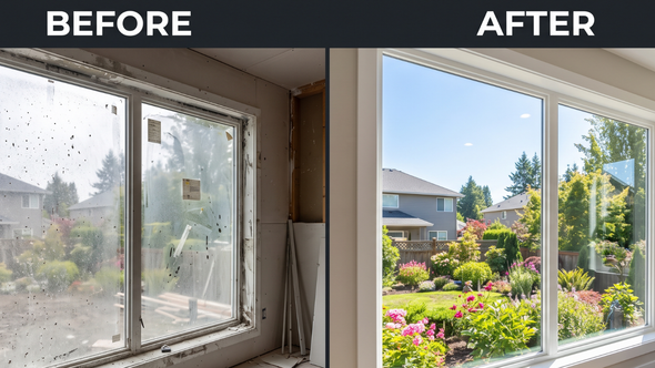 Before-and-after of a window replacement, showing a cloudy view versus a bright garden outside.