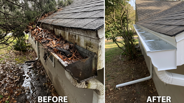 Gutter before-and-after: clogged with leaves, then cleaned with bright white gutter and downspout.