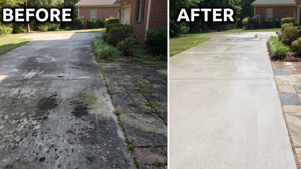 Before-and-after of a driveway resurfacing: dark cracked pavement becomes smooth, light concrete.