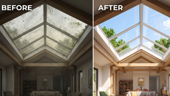 Before-and-after split view of a skylight roof: dirty, dark glass changes to bright, clear panes with blue sky.