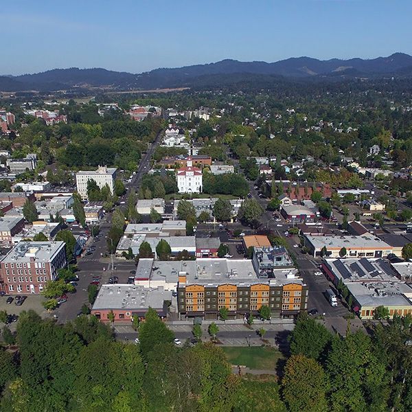 Birdseye view of Downtown Corvallis and the Willamette River