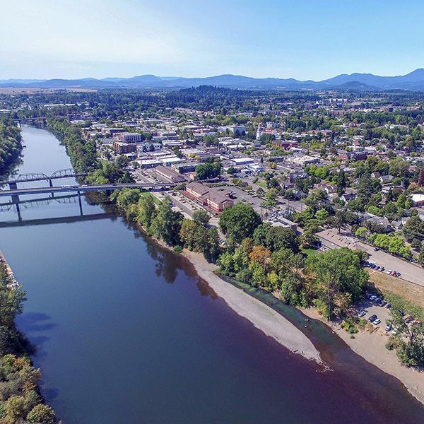 Birdseye view of Downtown Corvallis and the Willamette River