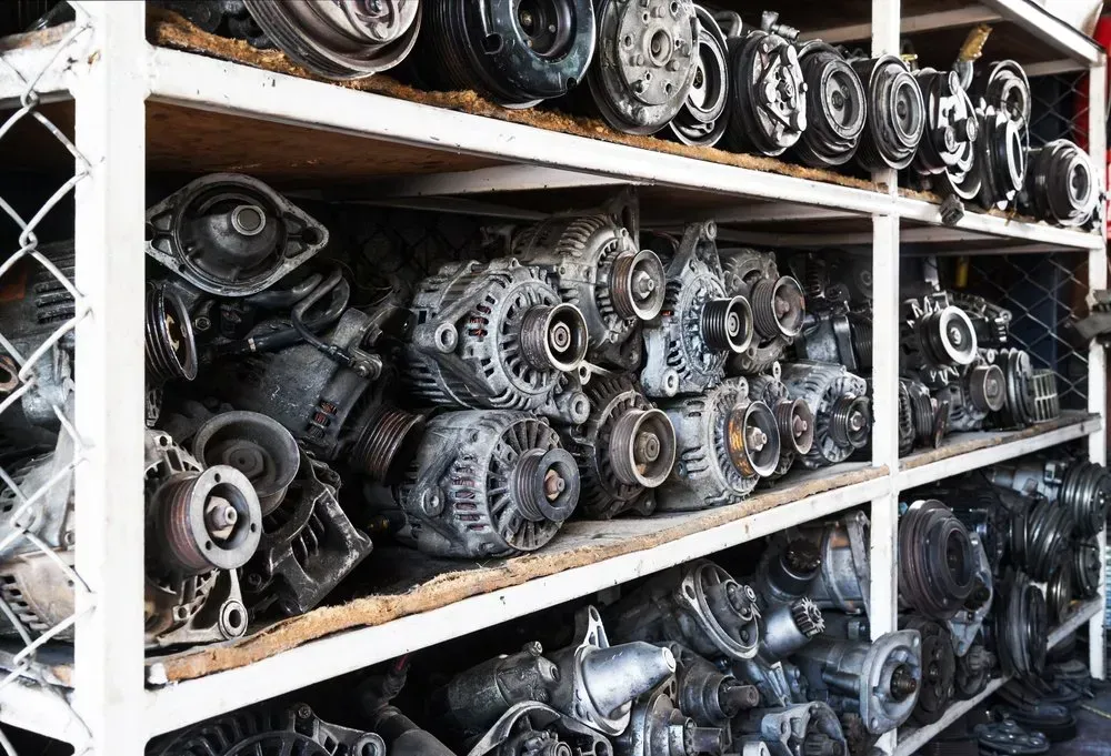 Shelves Filled With Used Car Alternators and Starters — Independent Scrap Metal Pty Ltd in South Lismore, NSW