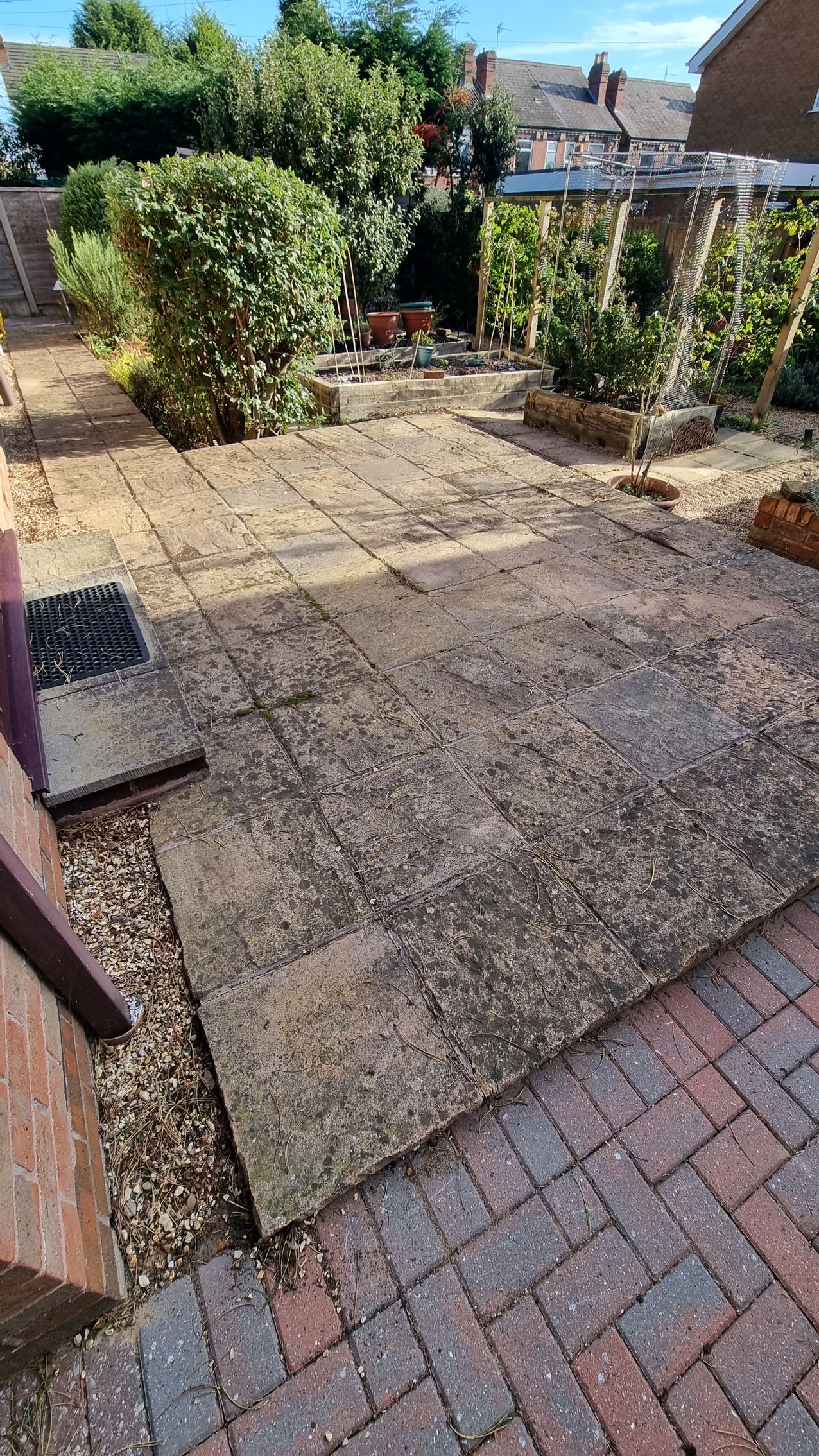 Concrete slab patio that is dirty and covered in blackspot before being pressure washed and chemically treated.