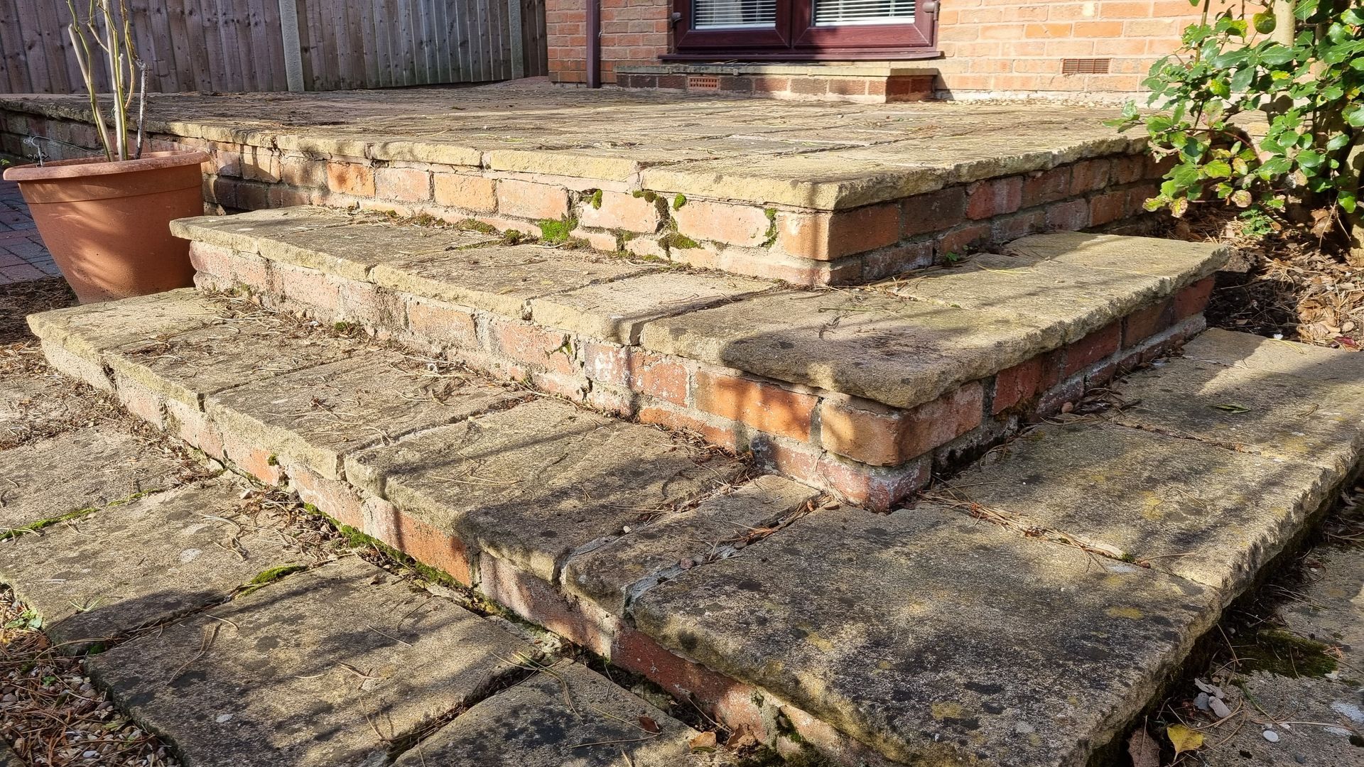 Concrete slab patio and steps that are dirty and covered in blackspot before being pressure washed and chemically treated.