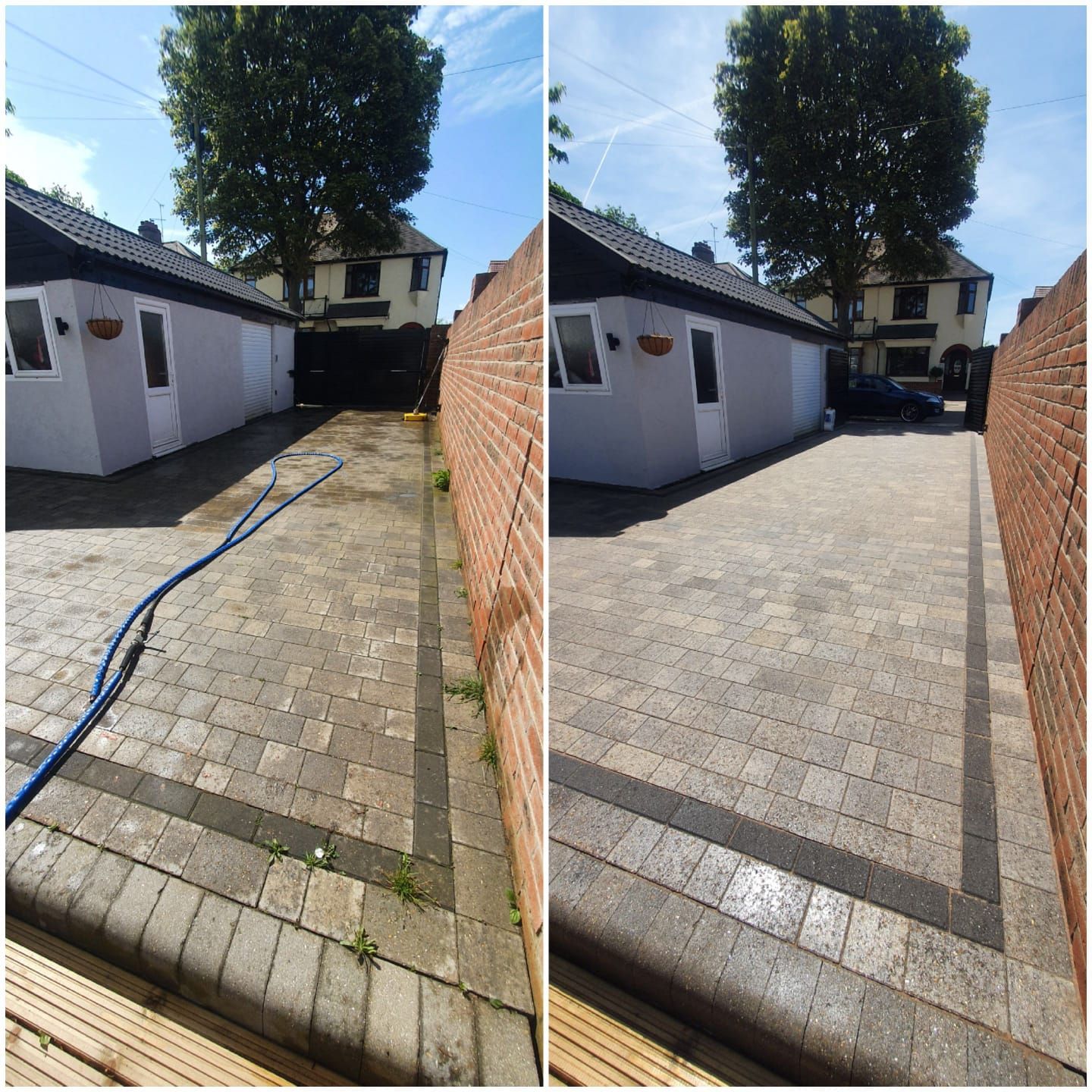 Half-cleaned brick surface with pressure washer large flat surface cleaner attachment.