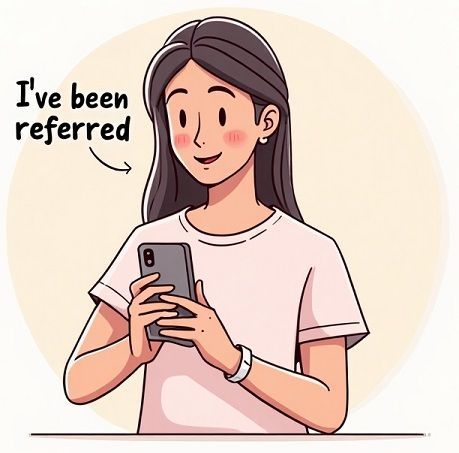 A cartoon of a woman holding a mobile phone and saying