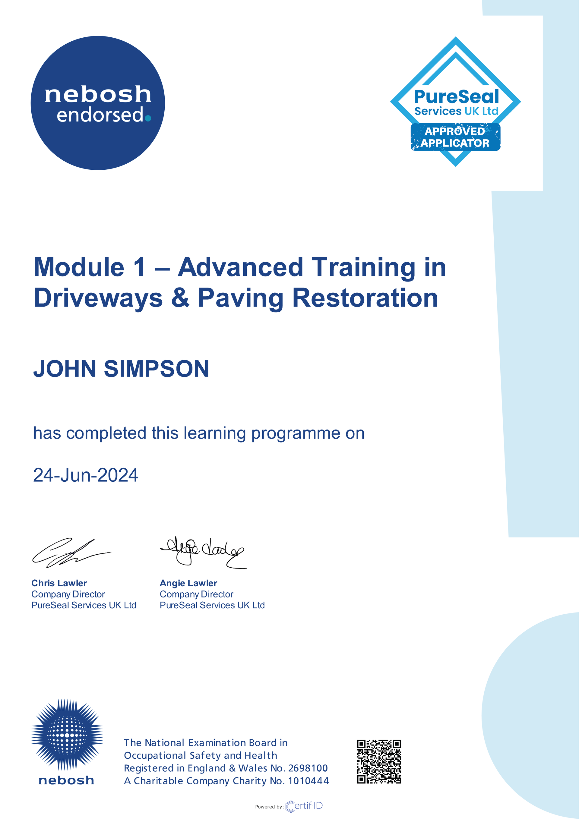 PureSeal - Driveway & Paving Restoration - Nebosh Certificate - John Simpson