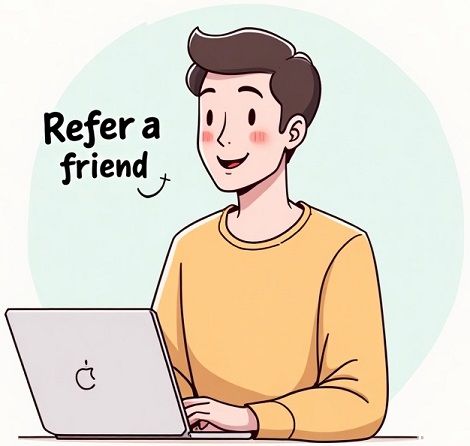 A cartoon of a man is sitting at a table using a laptop computer.