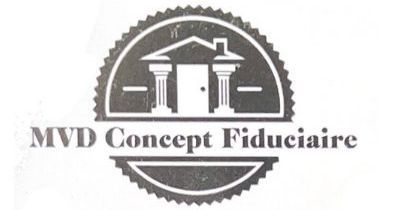 Logo : MVD Concept Fiduciaire. Emblème circulaire avec maison, piliers et texte.