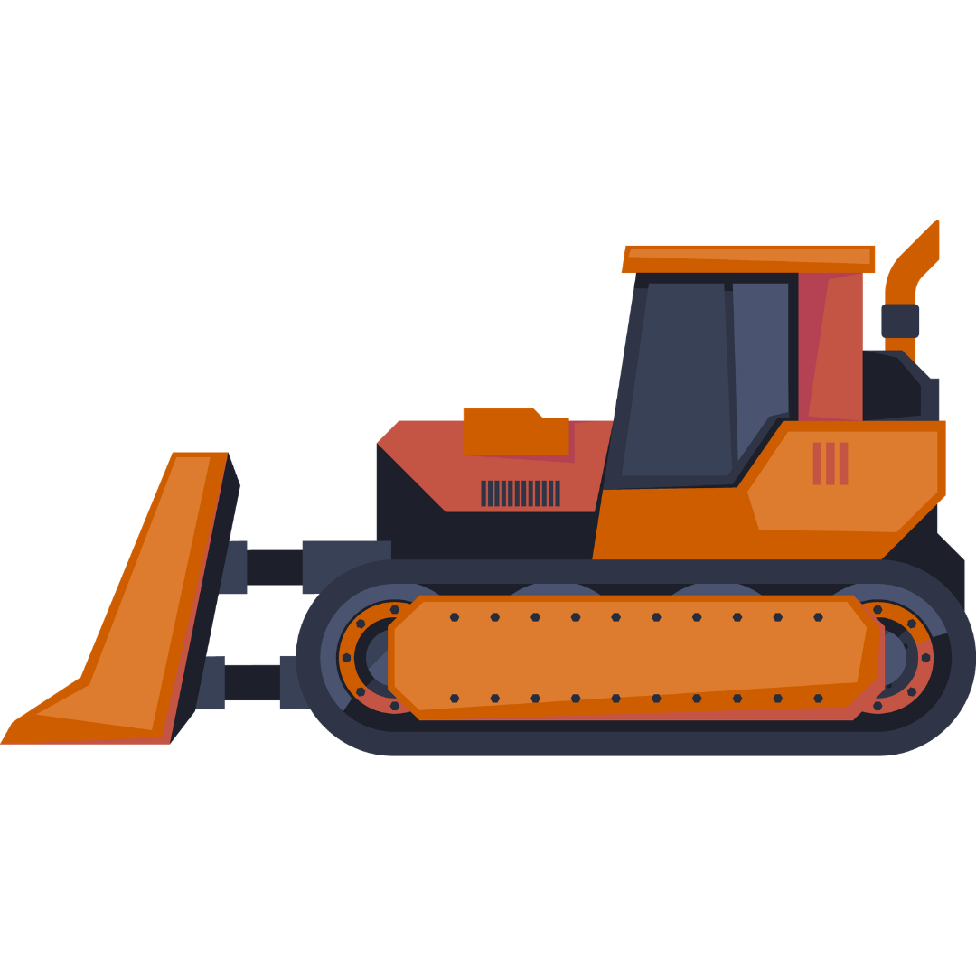 Orange bulldozer with black tracks and front blade on a white background