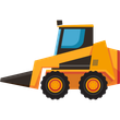 Yellow construction loader with raised front bucket, side view on white background