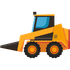 Yellow front loader construction vehicle with black tires and raised bucket on white background