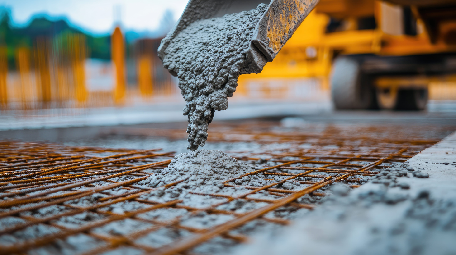 Concrete being poured over rebar at a construction site