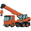 Orange crane truck with extended boom and hanging hook on a white background