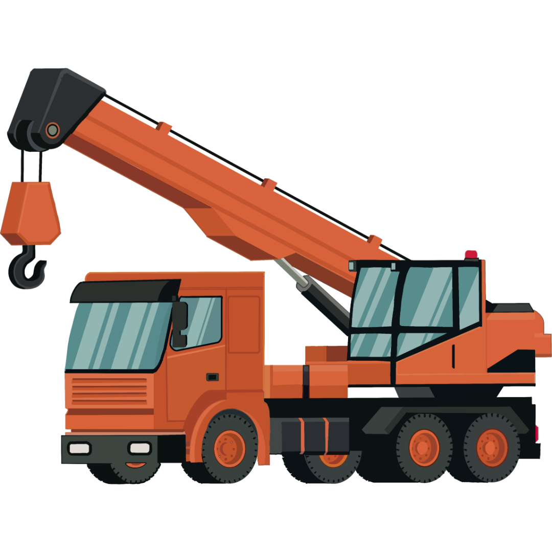 Orange mobile crane truck with extended boom and hook on a white background