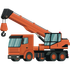 Orange mobile crane truck with raised boom and hanging hook on a white background