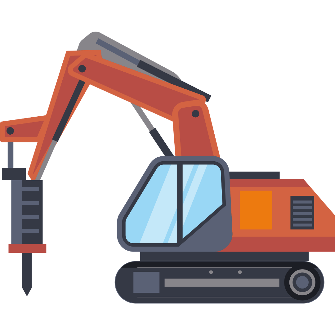 Orange excavator with a raised hydraulic arm and digging bucket on tracks