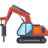 Orange hydraulic excavator with a black track and raised arm holding a drill attachment