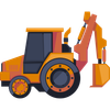 Orange backhoe loader with front bucket and rear excavator arm, side view on white background