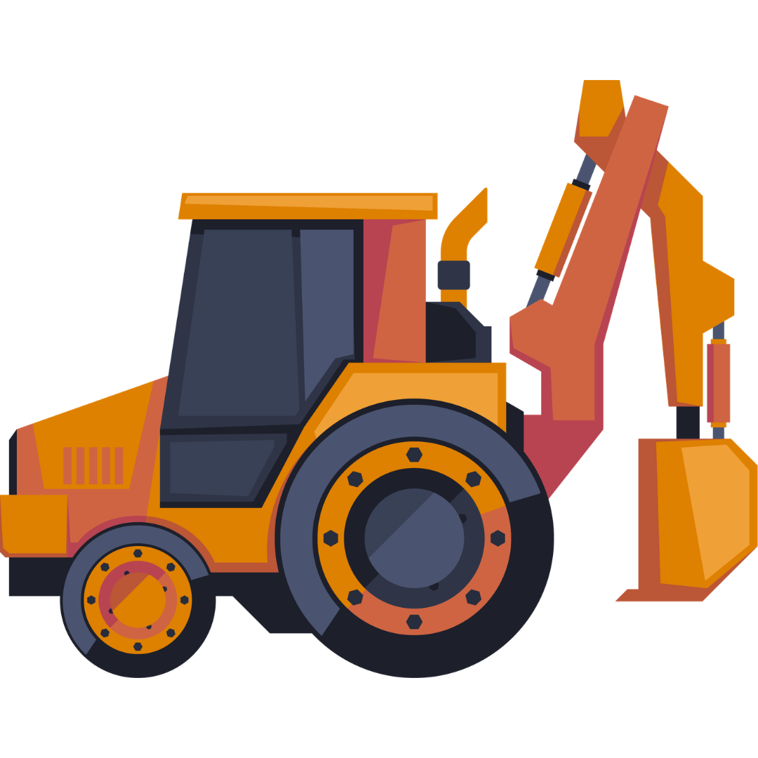 Orange backhoe loader with a raised digging arm and bucket on a white background