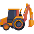 Orange backhoe loader with raised excavator arm and bucket, isolated on white background