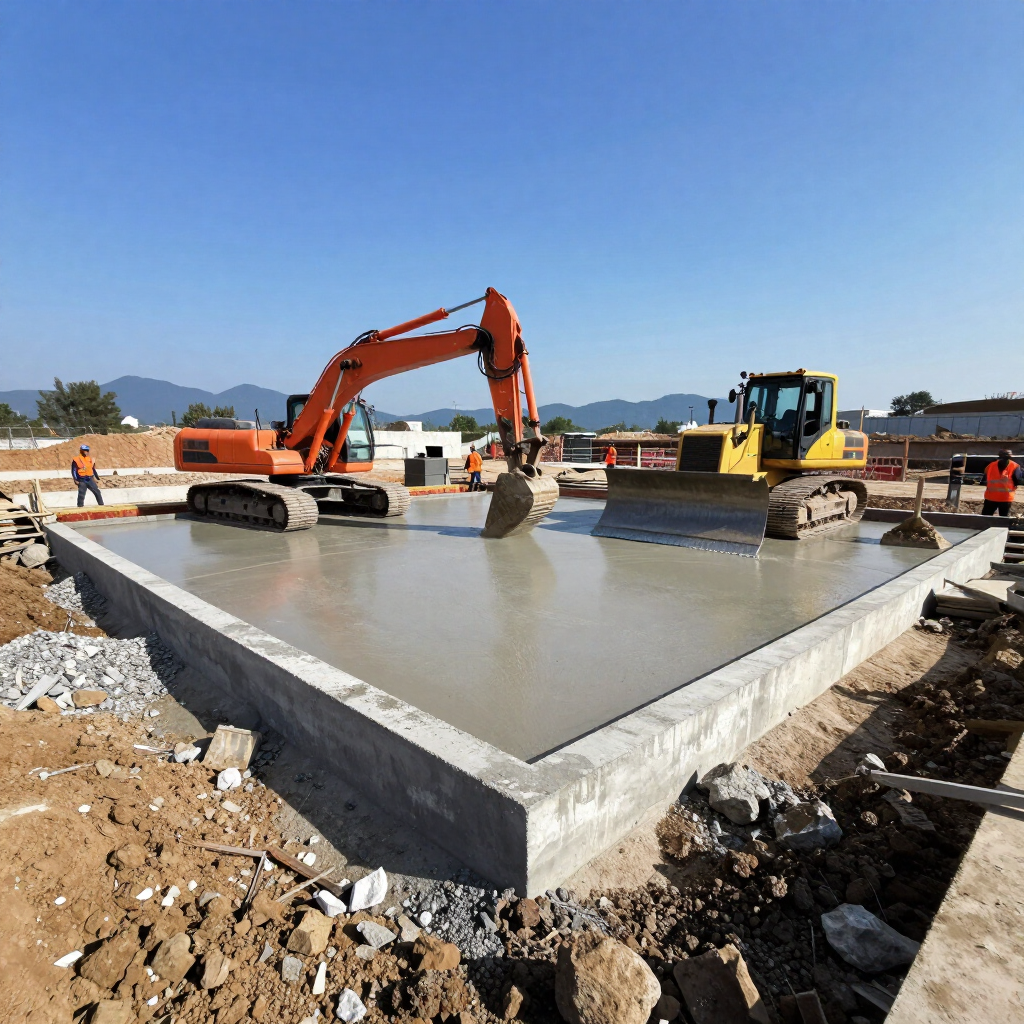Construction site with excavators and bulldozer smoothing fresh concrete slab