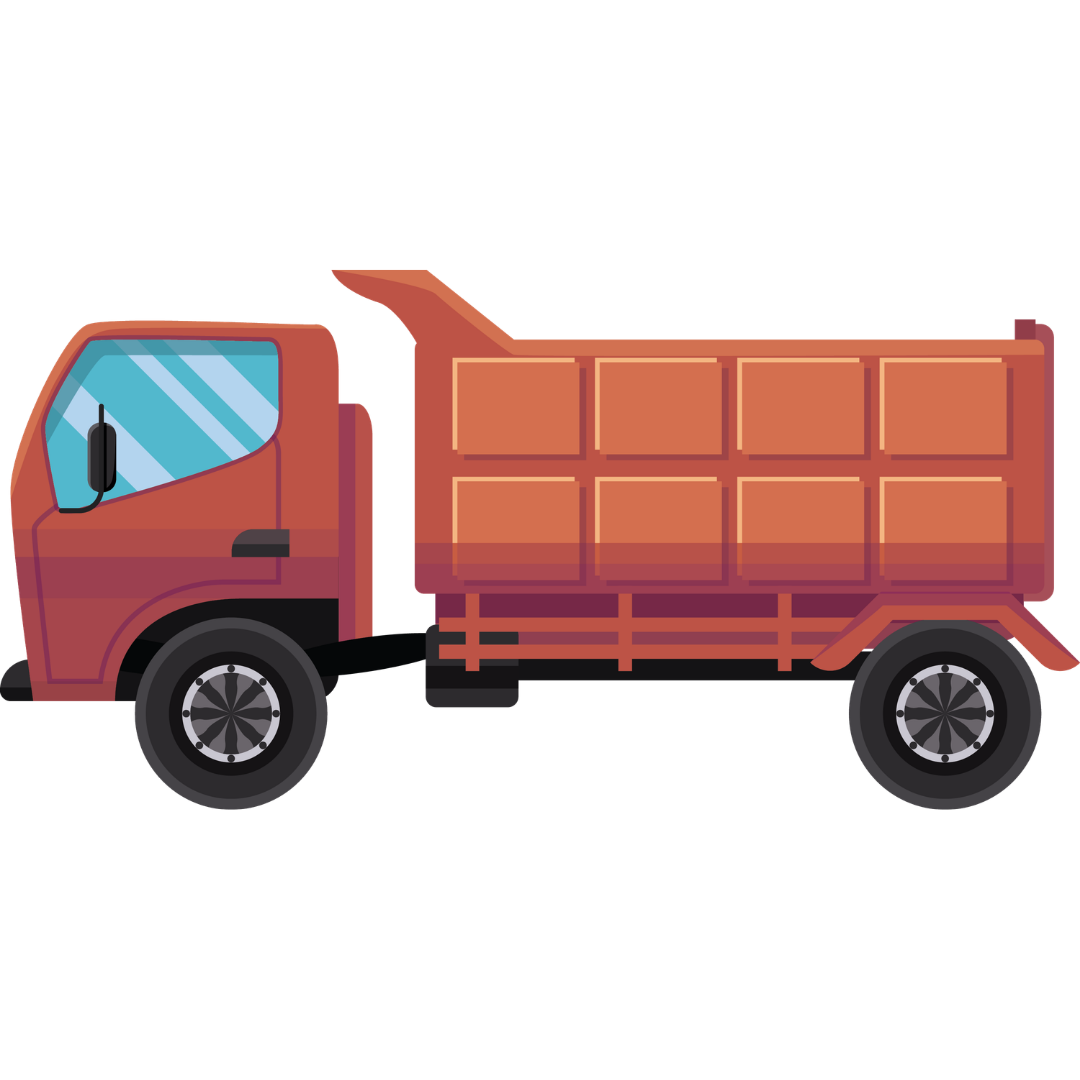 Red and orange dump truck in side view on a white background