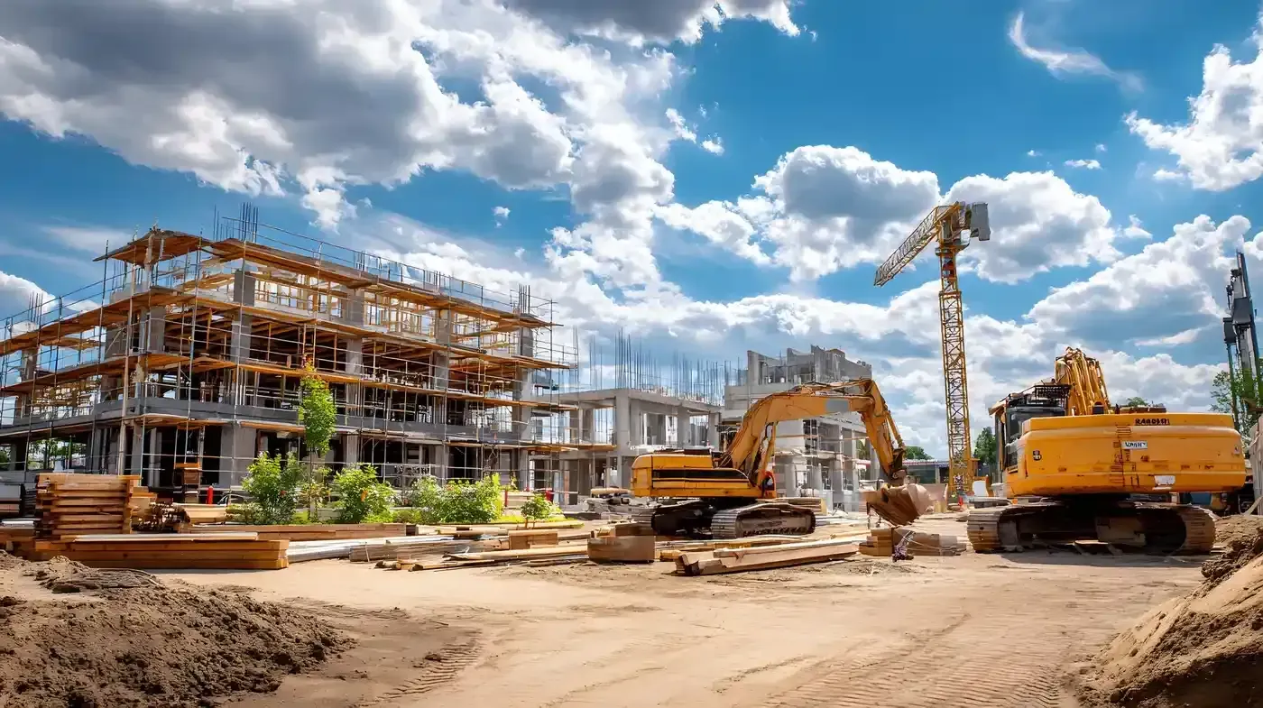 Construction site with steel-framed buildings, excavators, and cranes under a bright cloudy sky