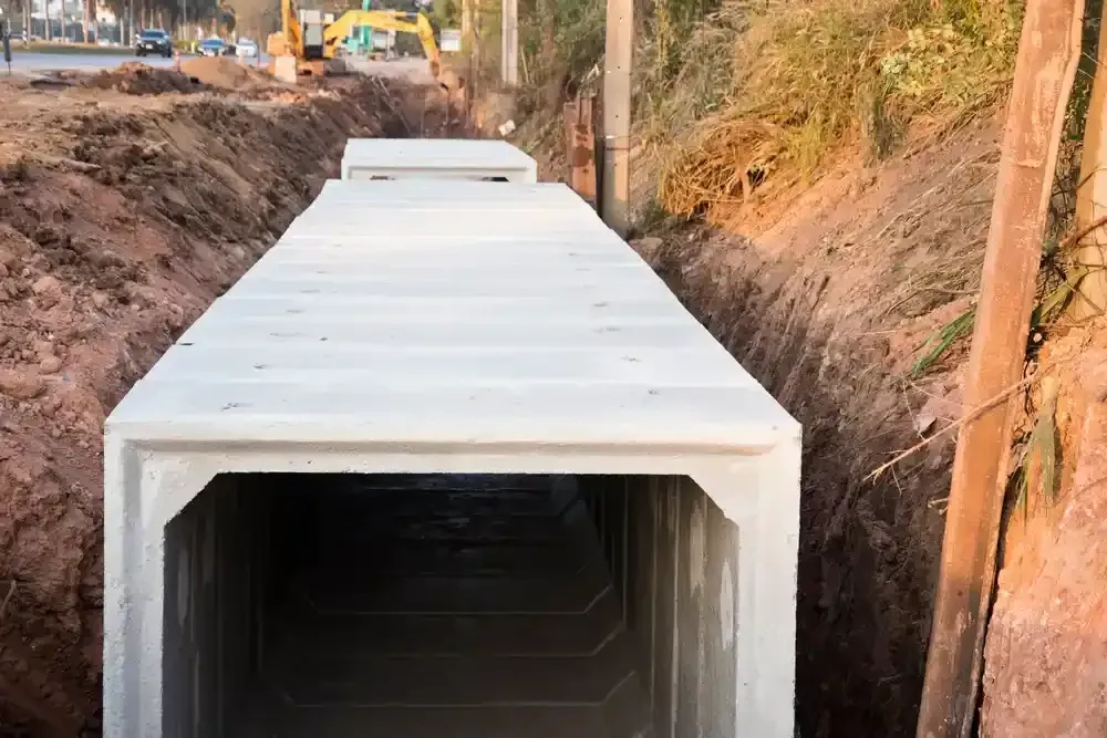 Large concrete drainage culvert installed in an excavated trench at a construction site
