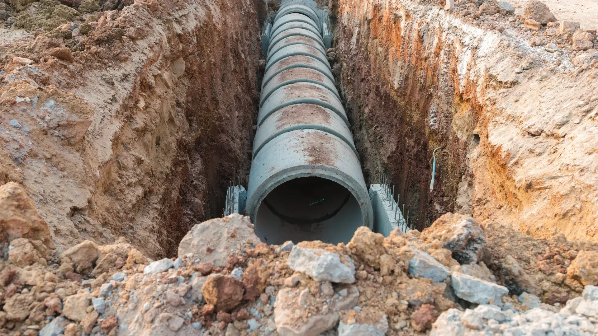Large corrugated pipe laid in a dug trench with dirt piles on both sides