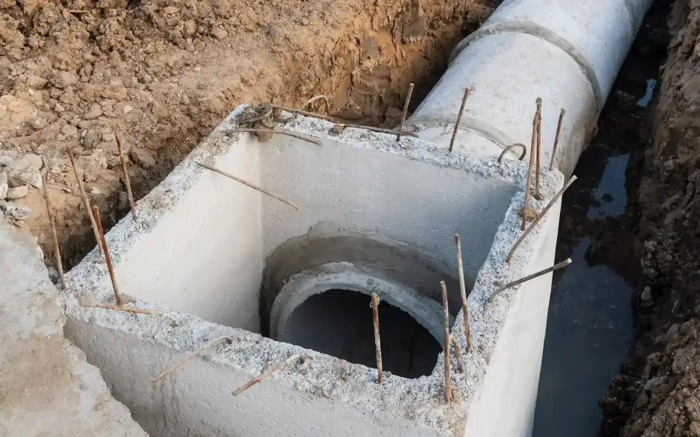 Concrete drainage box with a round pipe opening at a construction site.
