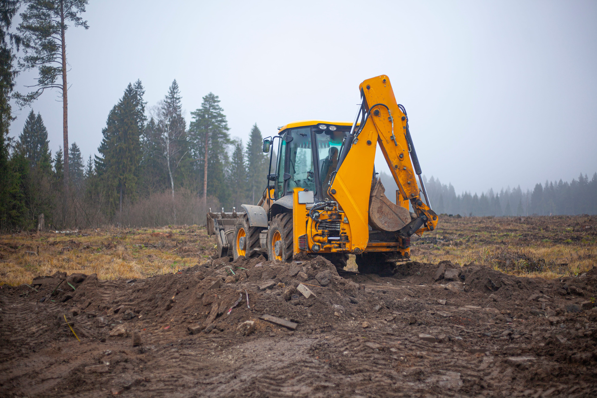 Yellow backhoe loader on muddy construction site with pine trees and overcast sky