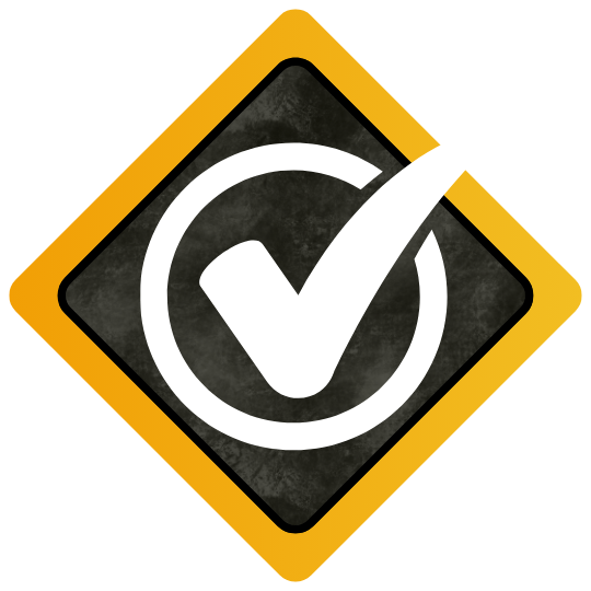 Yellow diamond sign with a white checkmark inside a black circle