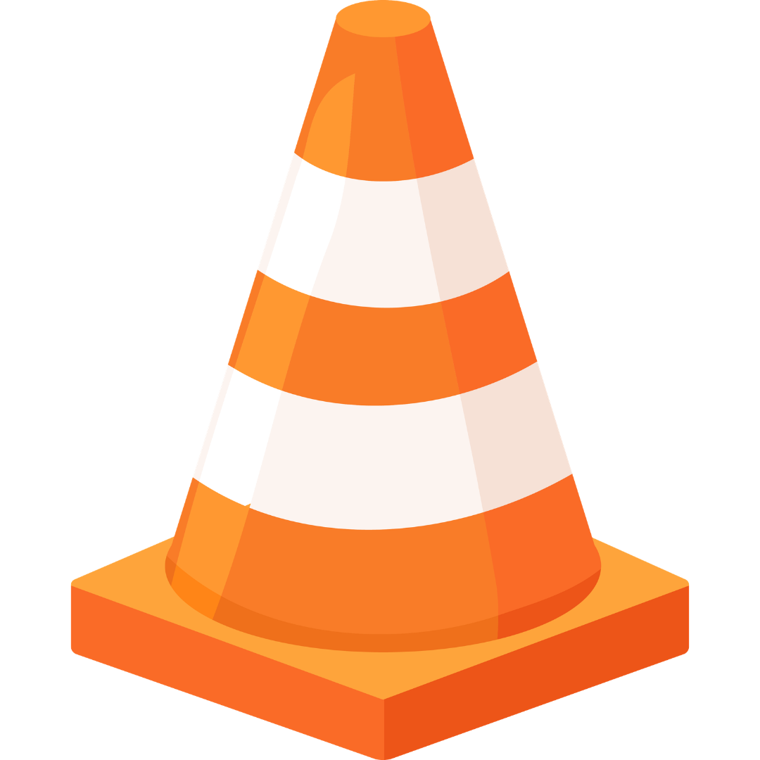Orange-and-white traffic cone on a square base