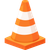 Orange-and-white traffic cone on a square base