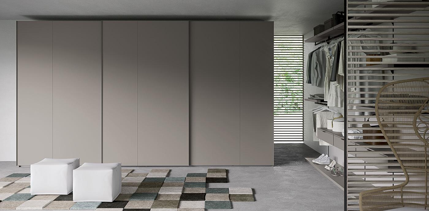 Camera da letto moderna con grande armadio con ante scorrevoli, piccole sedute cubiche bianche e vista su una cabina armadio con vestiti.