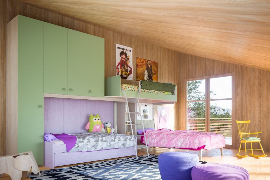 Una cameretta per bambini con letti a castello, mobili lilla e verdi e soffitto in legno.