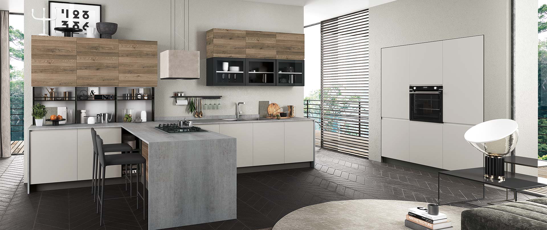 Cucina moderna con isola grigia, mobili bianchi, dettagli in legno e forno incorporato.