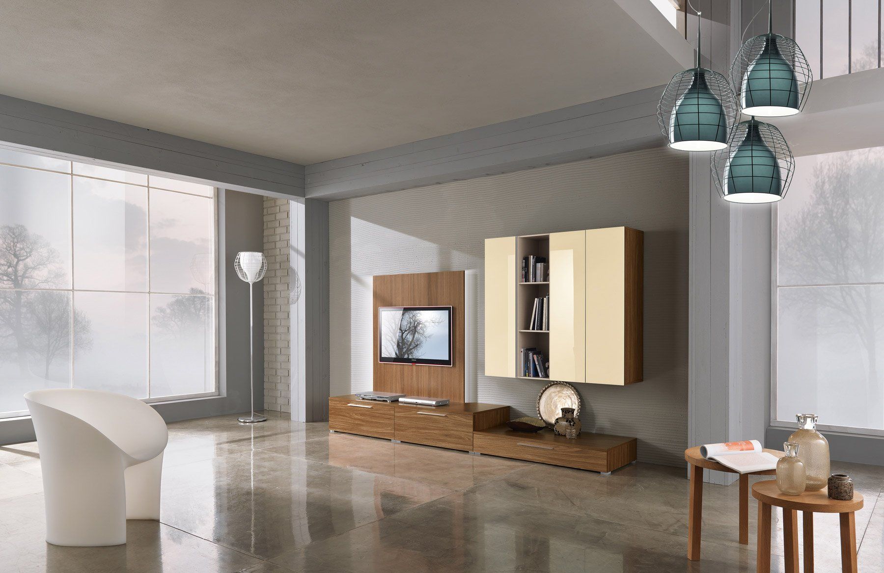Soggiorno moderno con mobili in legno, TV e tre lampade a sospensione color verde acqua.
