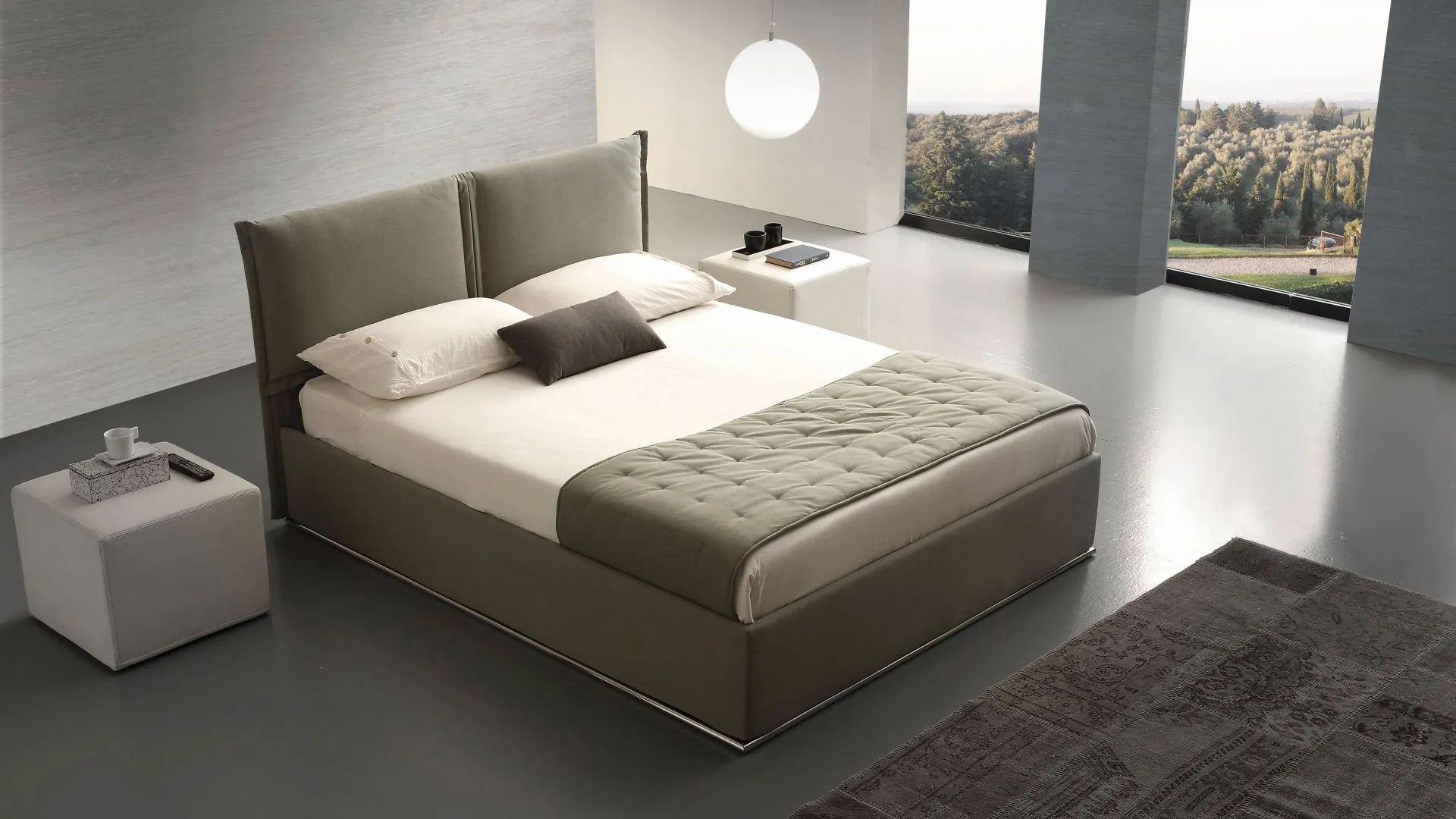 Camera da letto moderna con letto, comodini e una grande finestra con vista sugli alberi.