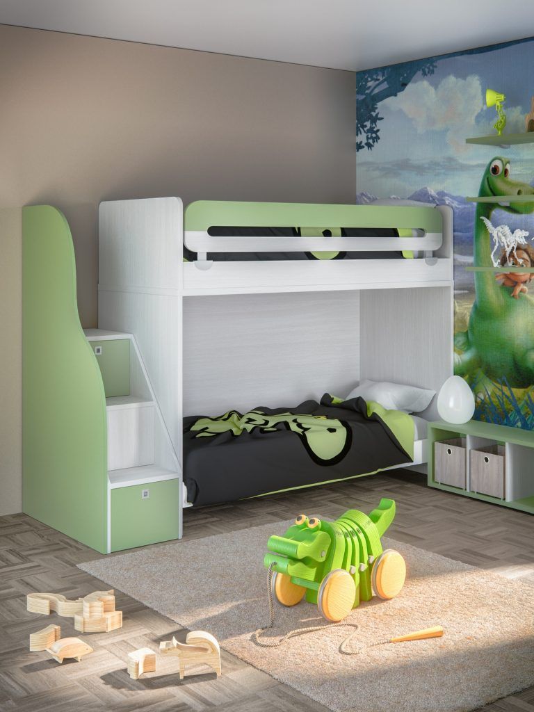 Letto a castello verde e bianco nella cameretta di un bambino con tema dinosauri, con dinosauro giocattolo in primo piano.