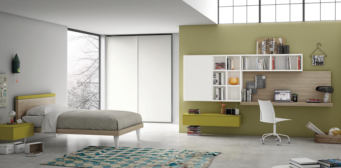 Una camera da letto moderna con letto, scrivania e mobili contenitori. Arredamento verde e bianco con finestra panoramica.