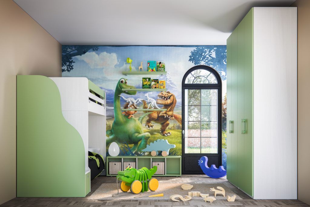 Cameretta per bambini con murale raffigurante un dinosauro, letto a castello, armadio verde e bianco e giocattoli, con porta verso l'esterno.