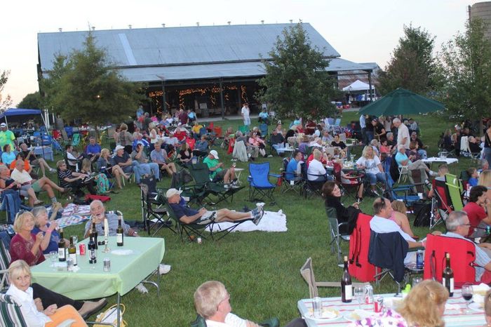 A large group of people are sitting at tables in the grass