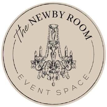 A logo for the newby room event space with a chandelier in the center.