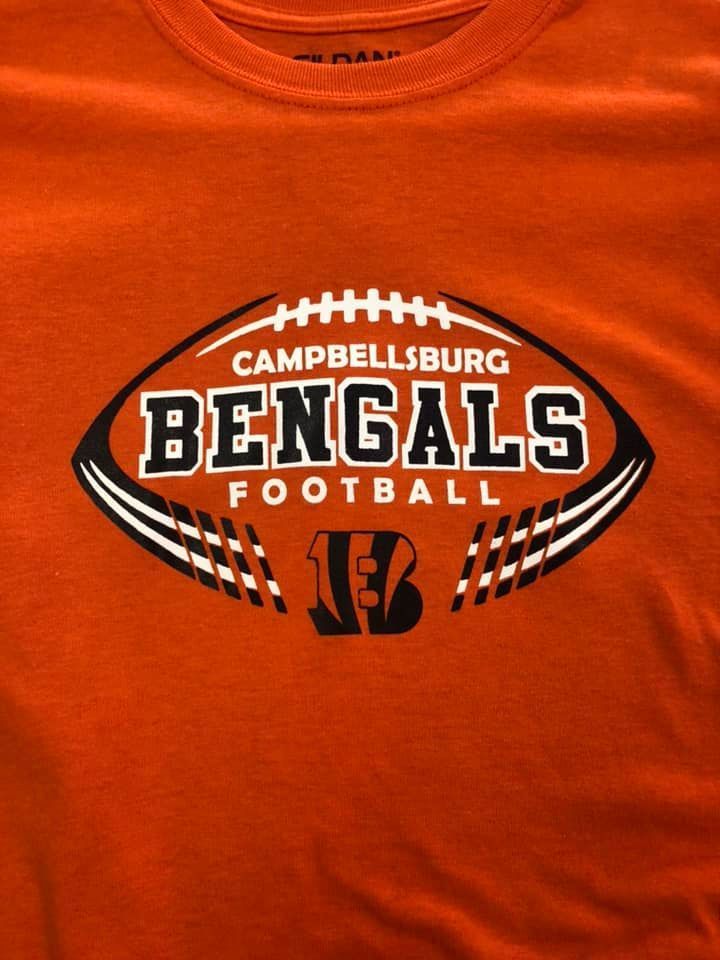 An orange shirt that says campbellsburg bengals football