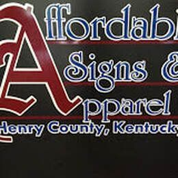 The logo for affordable signs and apparel is on a black background.