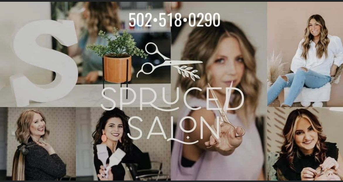 A collage of photos for spruced salon with a woman holding a pair of scissors.