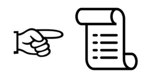 A hand pointing and a scroll with lines on it.